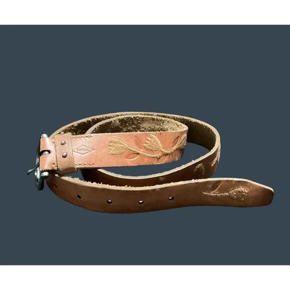 Fossil Women's Embossed Embroidered Brown Leather Belt With Floral Pattern Sz S - Picture 2 of 7